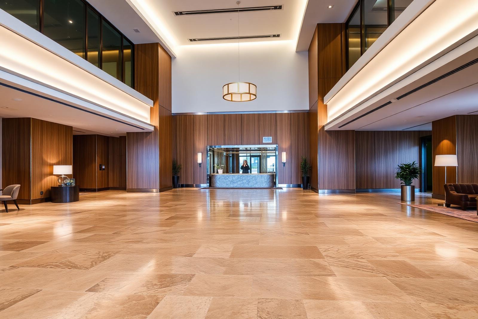 Renovated hotel lobby with stone flooring, wood paneling and warm architectural lighting